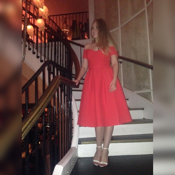 💃 Asos Off The Shoulder Sweetheart Bardot Red Prom A-line Full Skirt Dress - Picture 11 of 11